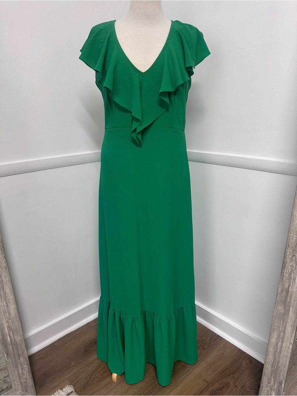 Adrienne Emerald V-Neck Ruffle Maxi Dress